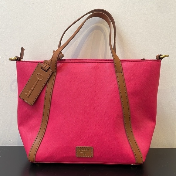 NWOT Fossil Ava Satchel pink with brown leather trim removable shoulder strap - Picture 1 of 13